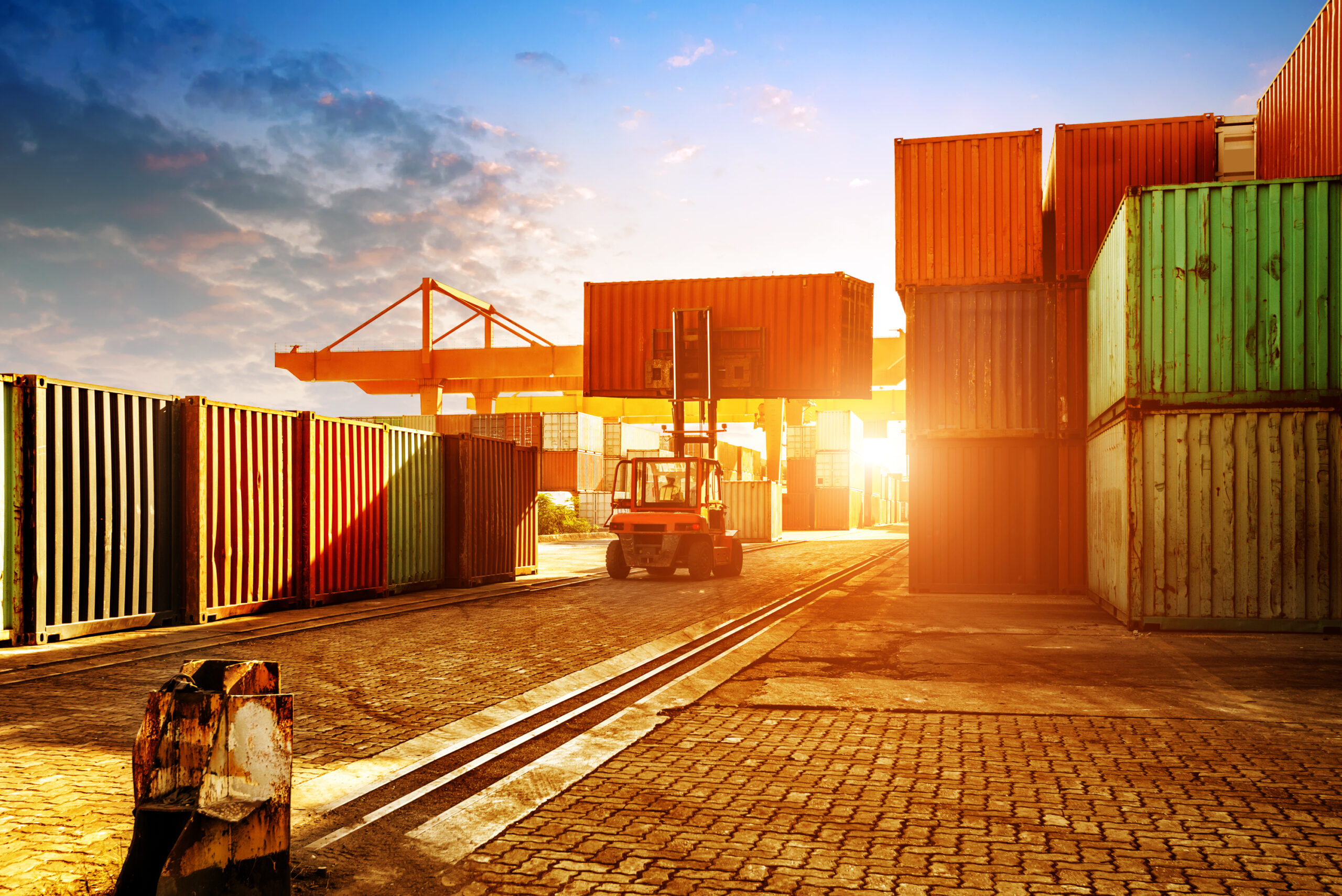 The container terminal at dusk