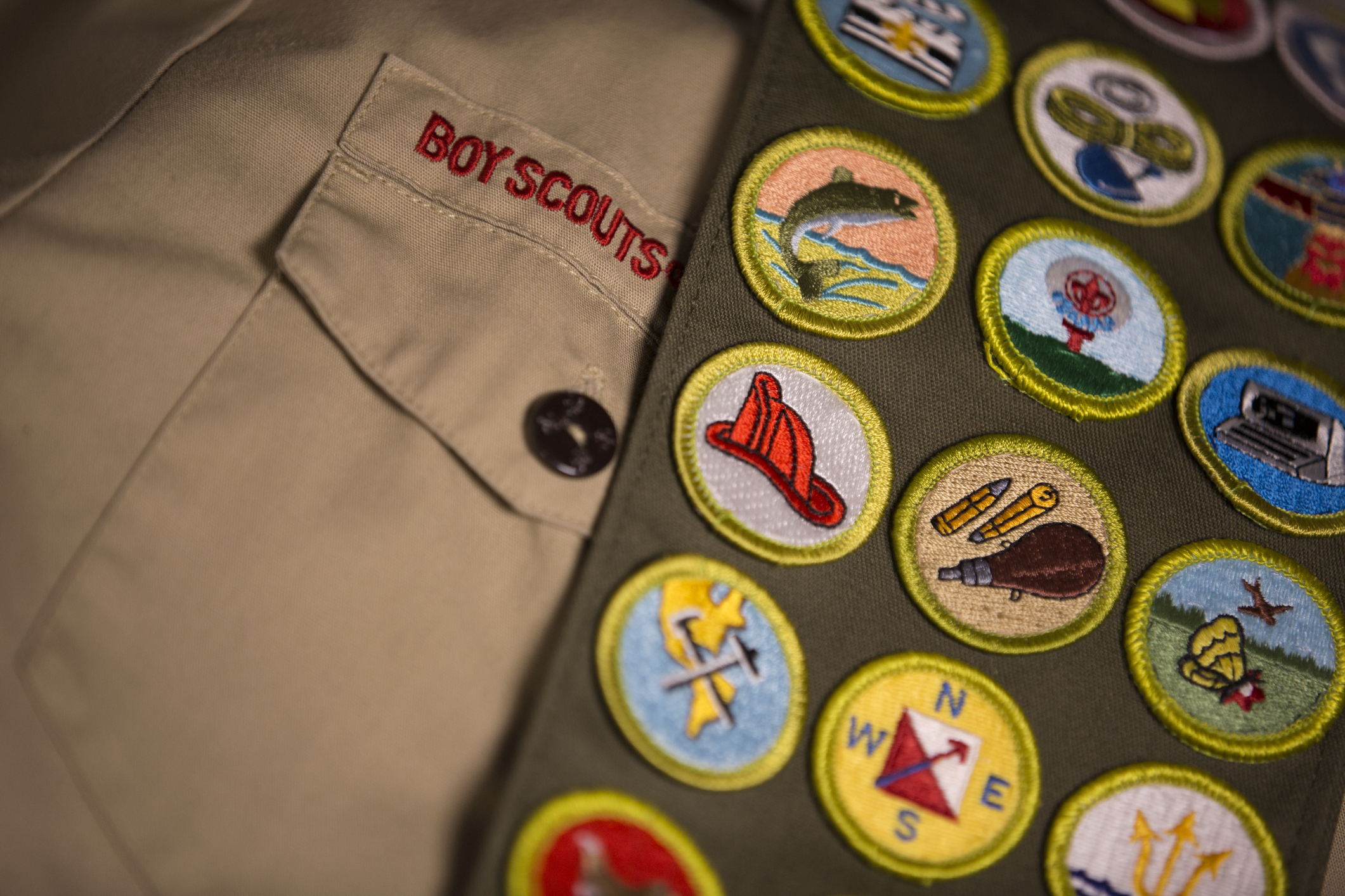 Merit badges on Boy Scout uniform